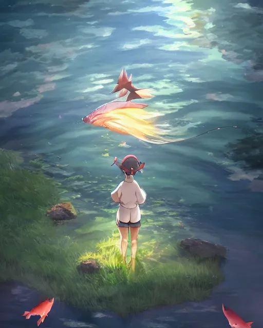 Image similar to a female pokemon trainer fishing for magikarp, full shot, atmospheric lighting, detailed face, by makoto shinkai, stanley artger m lau, wlop, rossdraws, james jean, andrei riabovitchev, marc simonetti, krenz c