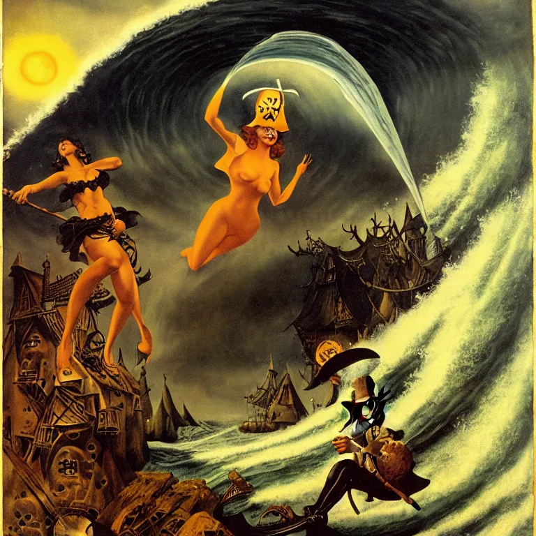 Image similar to a pirate witch summoning a giant wave by remedios varo and art frahm and earl moran and fritz willis and gil elvgren