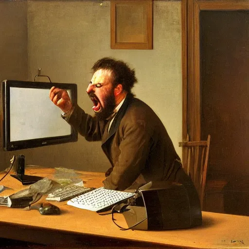 Image similar to an angry man yells at his computer monitor, oil on canvas, 1 8 8 3, highly detailed, high resolution