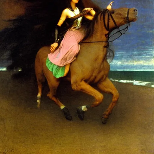 Image similar to Magician riding a horse leaving the castle through the bridge, thunderstorm, beach ocean on the background major arcana sky, by paul delaroche, alphonse mucha and arnold böcklin arnold böcklin hyperrealistic 8k, very detailed