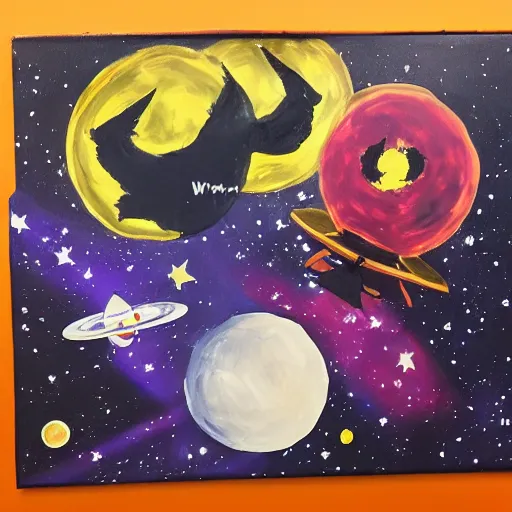 Image similar to a messy painting of the Wu-Tang Clan in space