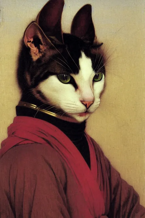 Image similar to portrait of a cat samurai, wearing samurai armor and helmet, by bouguereau