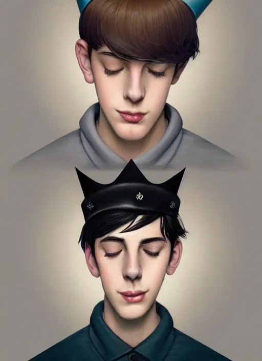 Image similar to portrait of teenage jughead jones wearing a light grey crown, crown, hamburger background, eyes closed, crown, black hair, intricate, elegant, glowing lights, warm lighting, highly detailed, digital painting, artstation, concept art, smooth, sharp focus, illustration, art by wlop, mars ravelo and greg rutkowski