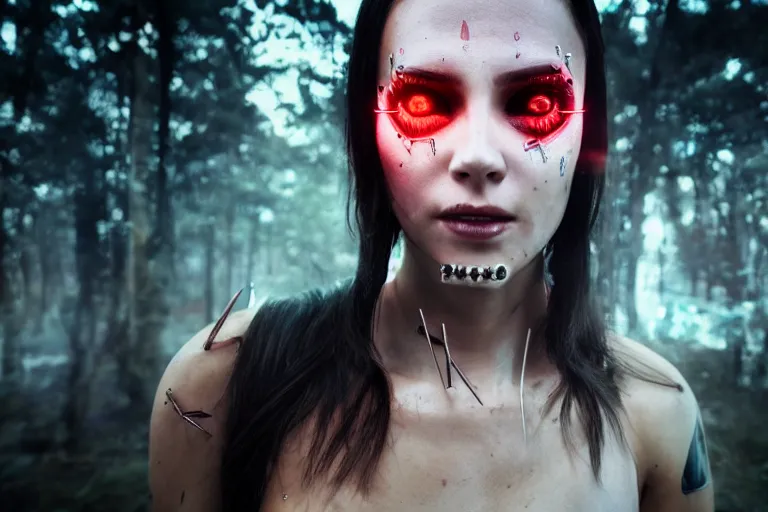 Image similar to Cyborg ​​girl transforming face fangs, syringes, forest, fog, volumetric light, cinematic, style by Cyberpunk 2077