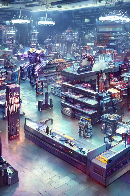 Prompt: Cybertron, The checkout counter of a futuristic Hot Topic store for goth Decepticons, Transformers, concept art, accurate perspective, cinematography by Wes Anderson, 4k octane render , cinematic lighting, Artstation