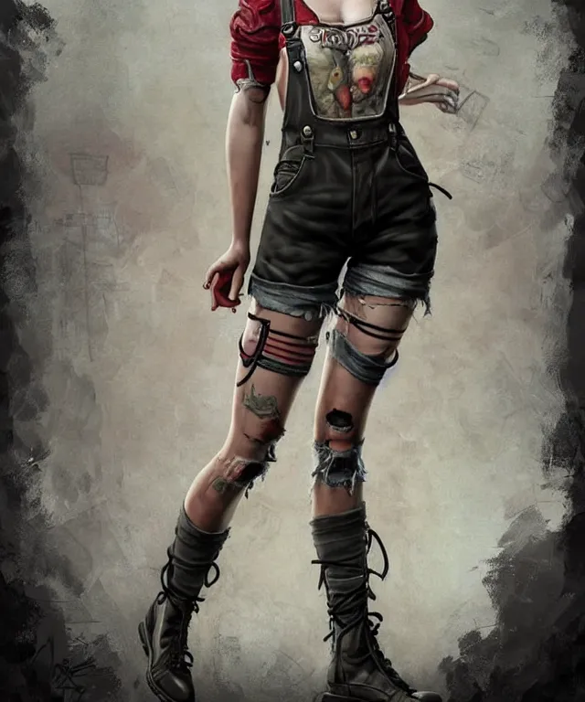 Image similar to full body pose, grungy ciri, torn overalls, short shorts, combat boots, fishnets, beautiful, highly detailed face, true anatomy!, extremely detailed!, digital painting, unreal engine 5, art by tom bagshaw