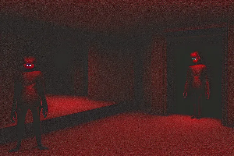 Image similar to cctv footage of an extremely dark empty room with evil horror humanoid cryptid monster made out of static, dark deep black shadows, crimson red and black color contrast in the style of trevor henderson and james ensor goya, liminal space, 3 d render, glitch effect