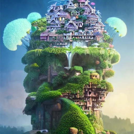 Image similar to waterfall village, by benoit mandelbrot, filip hodas, vincent callebaut, mike campau and studio ghibli