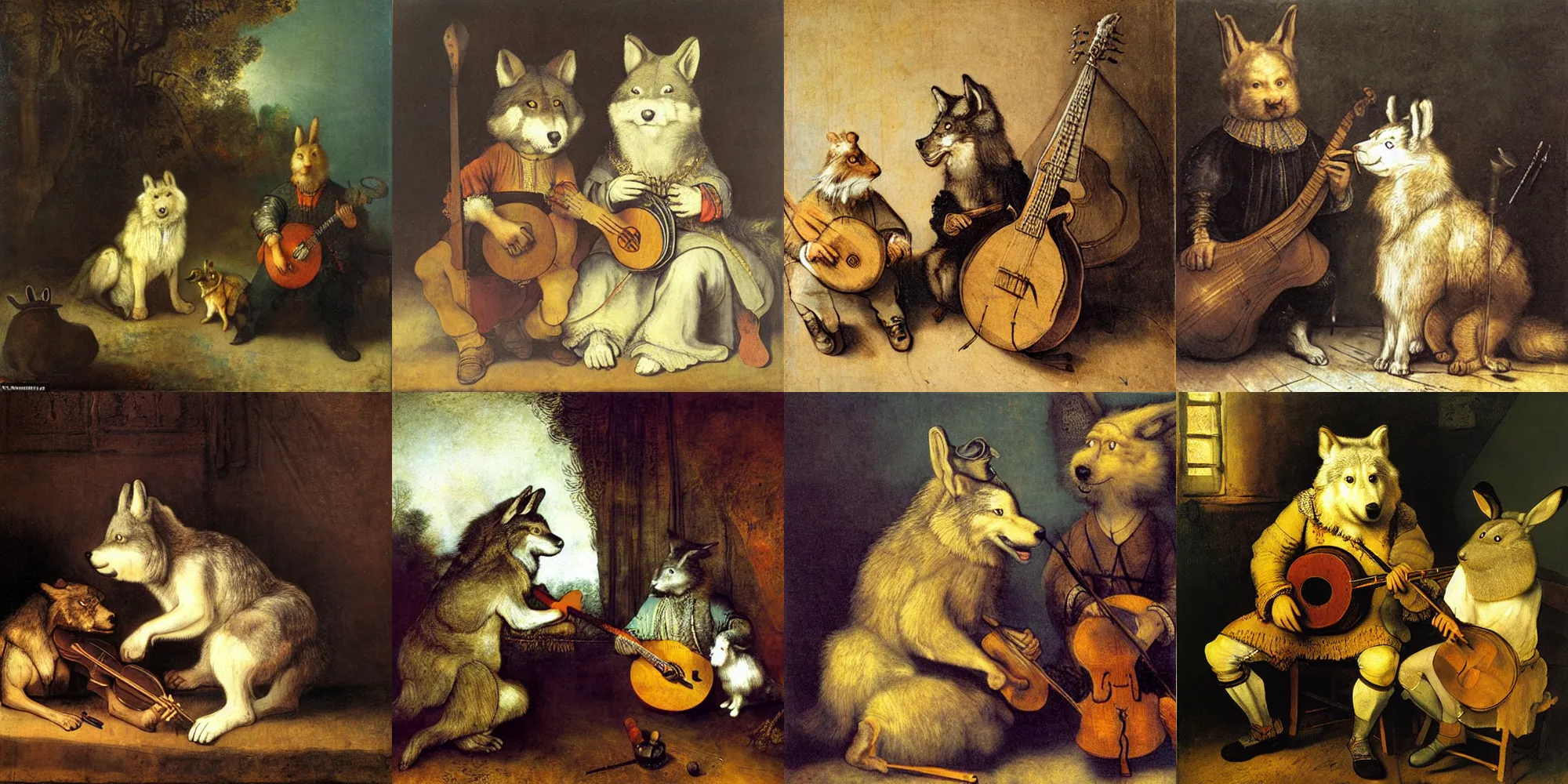 Prompt: An anthropomorphic wolf and an anthropomorphic rabbit sitting next to each other playing lutes, painting by Rembrandt, Carl Friedrich Deiker, and Robert Cleminson