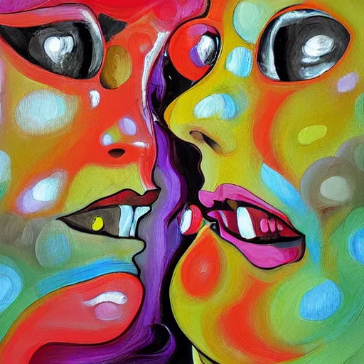 Image similar to expressive painting by francesca sundsten of two bizarre psychedelic femme creatures kissing each other closeup. they are part of an alien landscape. speculative evolution, exobiology