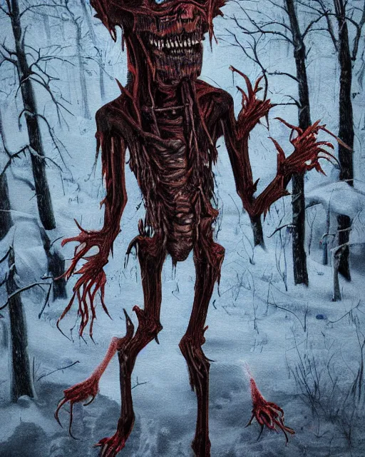 Image similar to Horrifying detailed painting of a pale, emaciated humanoid creature. It has sharp teeth and claws with pale milky eyes; snow, woods, blood; dark cinematic lighting, hyper detailed, moody