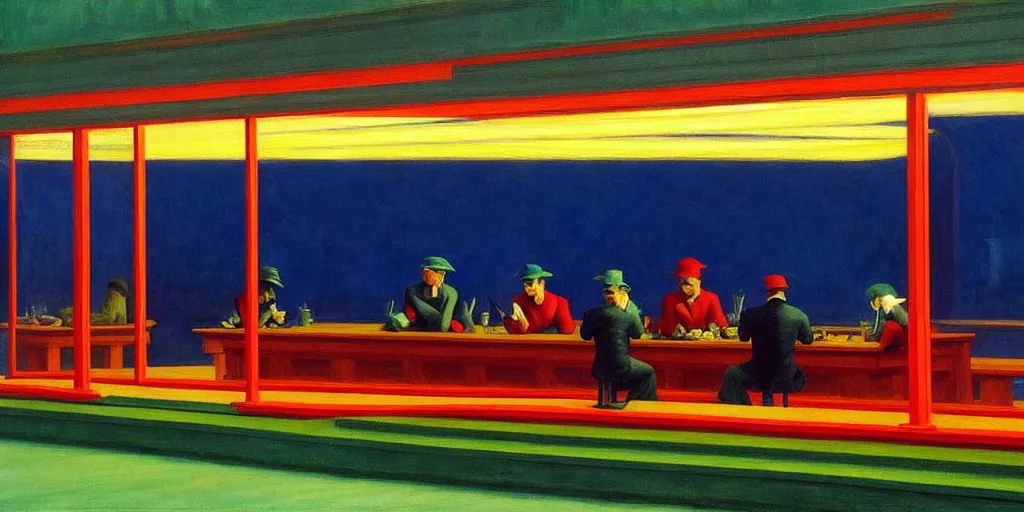 Prompt: painting nighthawks by edward hopper with jim carrey