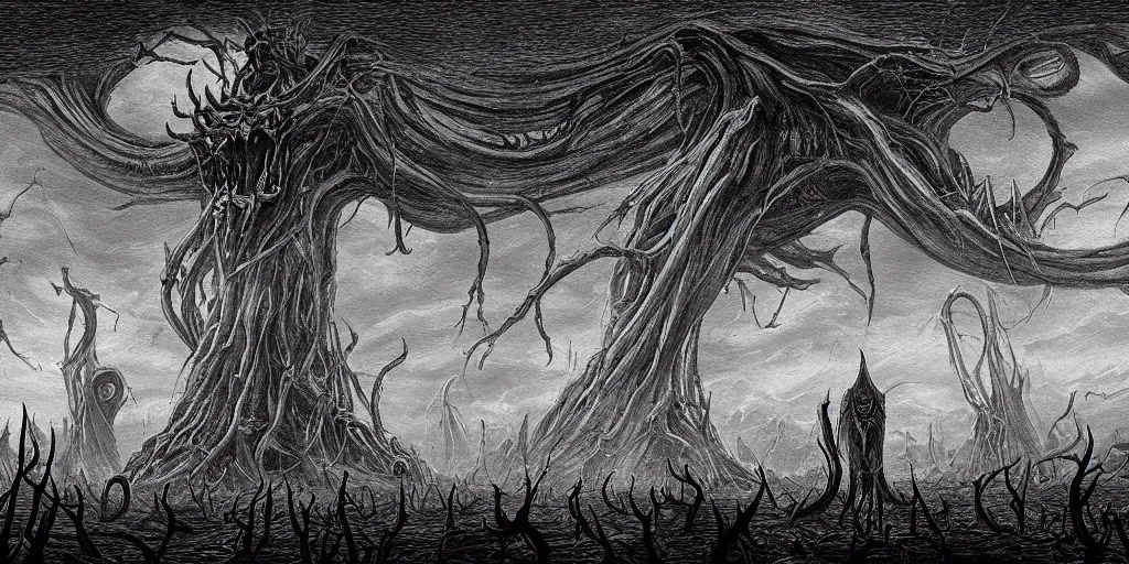 Prompt: concept art of huge lovecraftian horror, eldritch horror, on a darkling plain, drawn by nicholas delort!! graphic black and white, low camera, wide angle, centered composition, golden ratio