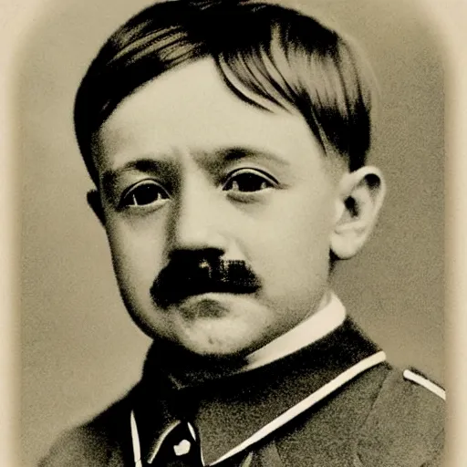 Prompt: adolf hitler as a little child in a school uniform carrying books, mustache, white background, digital art