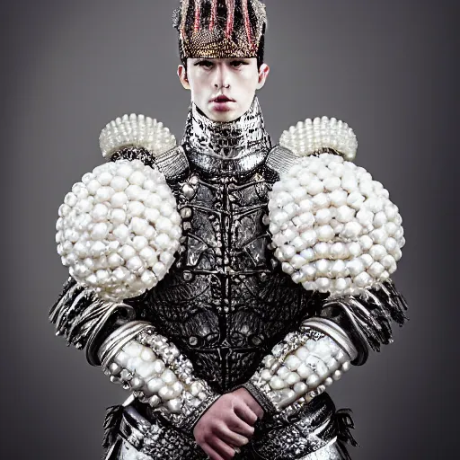 Prompt: a portrait of a beautiful young male wearing an alexander mcqueen armor made of pearls , photographed by andrew thomas huang, artistic