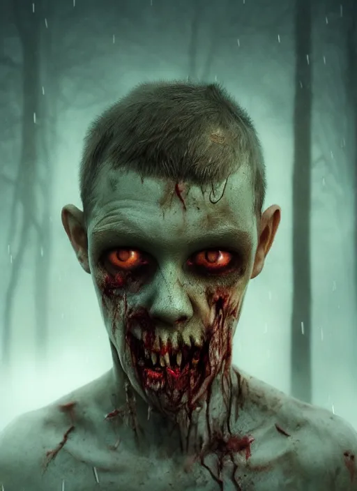 Image similar to zombie - boy in real life, face centered portrait of zombie - boy, confident, fog, rain, volumetric lighting, beautiful, golden hour, sharp focus, ultra detailed, cgsociety by leesha hannigan, ross tran, thierry doizon, kai carpenter, ignacio fernandez rios, noir art house, 4 k, 3 5 mm, fujifilm