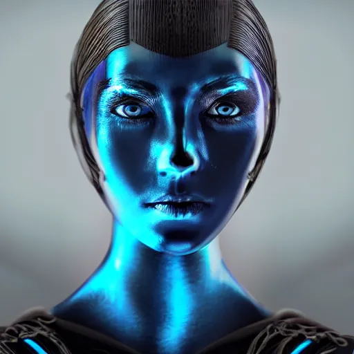 Prompt: portrait of a female android made of steel, face completely covered in phthalo blue filigree, glowing blue eyes, filigree, elegant, sharp focus, graceful, master crafted, trending on artstation, award winning, beauty,