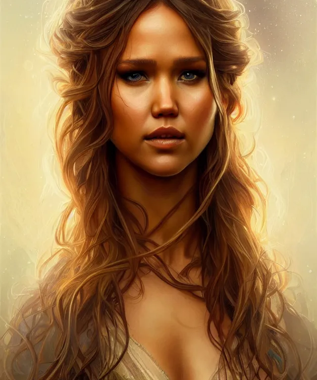 Image similar to half jessica Alba half Jennifer lawrence, a fantasy beautiful woman portrait, amber loving eyes, face, long hair, fantasy, intricate, elegant, highly detailed, digital painting, artstation, concept art, smooth, sharp focus, illustration, greg rutkowski and alphonse mucha