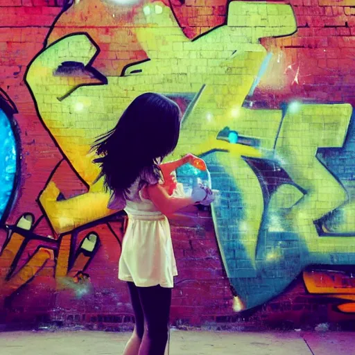 Image similar to A mixed media painting of graffiti wall of girl waiting with balloon, by Frank Frazetta, Greg Rutkowski, Beeple, kawaii, post-processing, low angle, masterpiece, cinematic, isometric, volumetric lighting