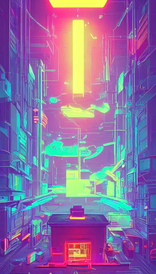 Prompt: a large box, neon lights, sharp focus, james gilleard, moebius, print, cinematic, surreal, game art