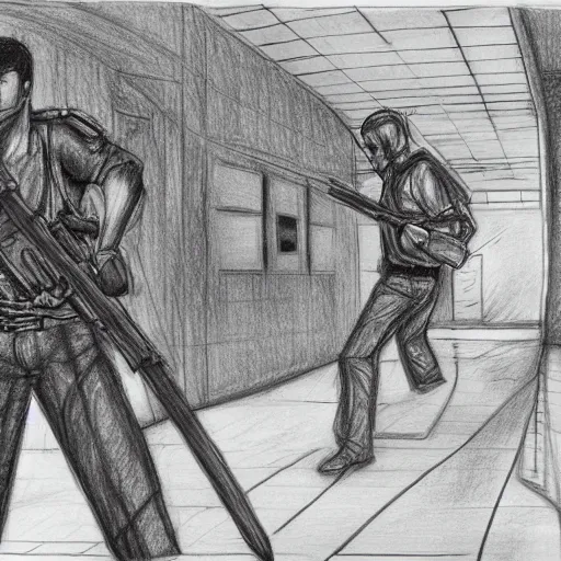 Prompt: pencil drawing of manhunt ps 2 game