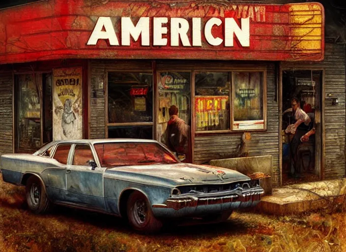 Prompt: an american diner in arkansas, dystopian painting, elegant intricate digital painting artstation concept art by mark brooks and brad kunkle detailed