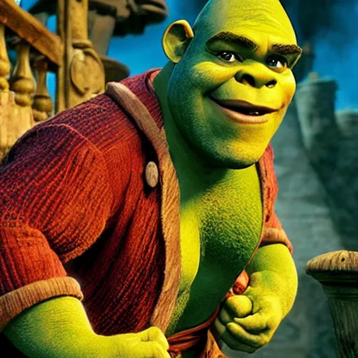 Image similar to promotional image of shrek as a pirate in Pirates of the Caribbean: The Curse of the Black Pearl (2003 film), detailed face, movie still, promotional image, imax 70 mm footage