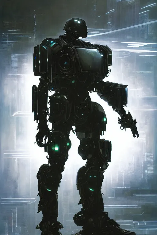 Image similar to a futuristic cybernatic armored soldier, led lights, painting by greg ruthowski, alphonse murac, yoshikata amano, yoji shinkawa, wlop, craig mullins, collaborative artwork, exquisitely high quality and detailed