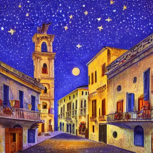 Image similar to romantic drawing of modica by night, old italian town, many city lights in the night, full moon, beautiful stars, deep under the sea, tropical fishes, amazing shadows, beautiful render, astounding details, high definition, pixar movie