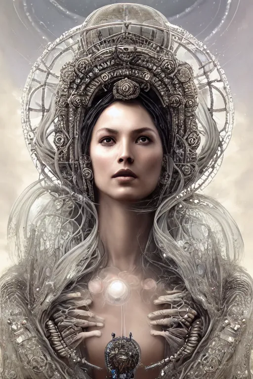 Prompt: a centered render of an alluring post apocalyptic goddess with wearing ornate silver and gemstones and crystal clothing surrounded by flowing liquid gallium jellyfish and sacred geometry, perfect body and face, gorgeous, cinematic, beautifully lit, by tomasz alen kopera and peter mohrbacher and craig mullins, rich colour, 3 d, trending on artstation, octane render, 8 k