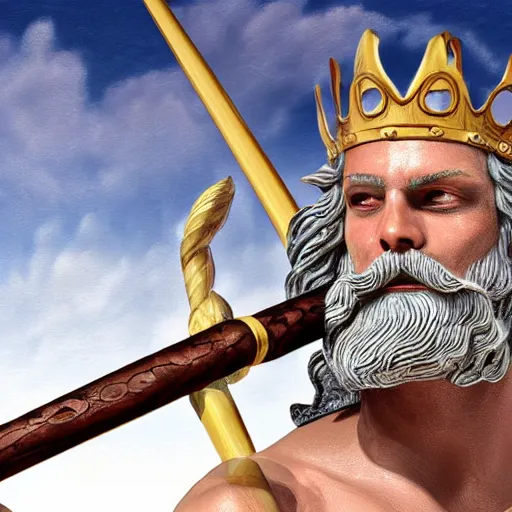 Prompt: detailed close up portrait of Poseidon, the god of the sea, with scepter and crown, rising from the ocean matte painting, photorealistic