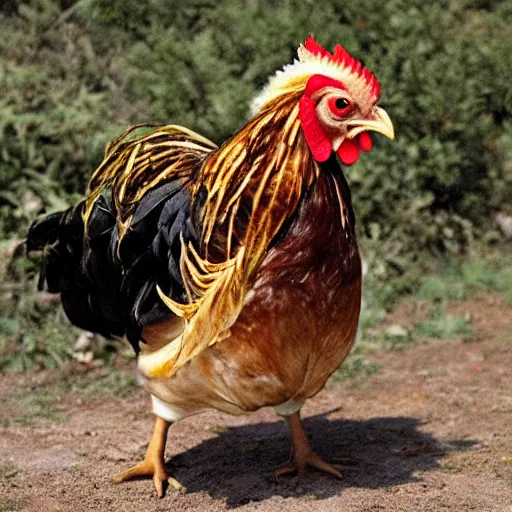 Prompt: chicken dress like rambi fire with a shotgun ultrarealistic