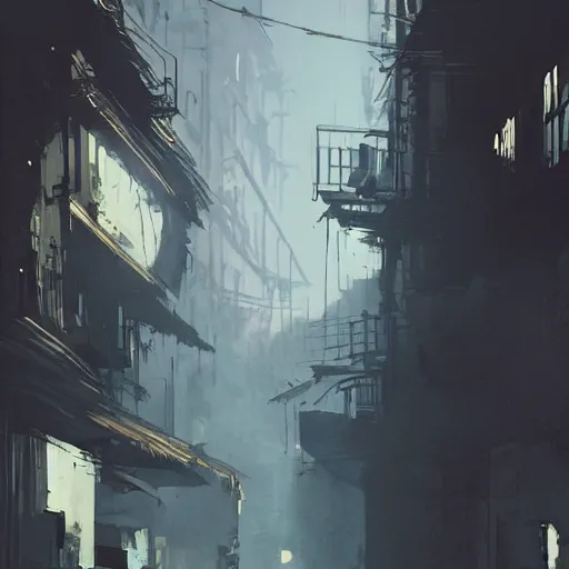 Image similar to a dirty alleyway at sunset, dramatic lighting, illustration by Greg rutkowski, yoji shinkawa, 4k, golden hour, digital art, concept art, trending on artstation