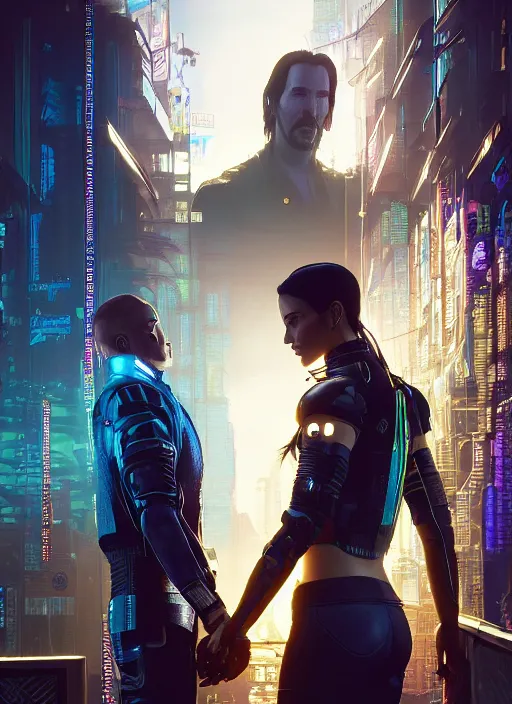 Image similar to a highly detailed photorealistic cyberpunk 2077 couple portrait of Keanu Reeves and female android,lots of electric cable behind,connected to giant computer,couple pose,love,fantasy, intricate, elegant,by Alex Horley and Greg Rutkowski,artstation,deviantart,FAN ART,Unreal Engine,Digital painting,face enhance,8K,golden ratio,cinematic lighting