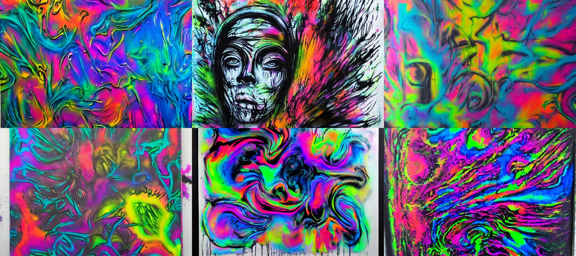 Prompt: grainy abstract generative spray paint art by hr giger and lisa frank, ink chalk and spraypaint on concrete