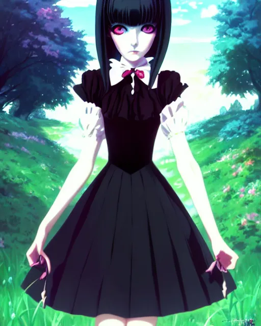 Image similar to portrait of cute goth alice from wonderland, anime key visual, by ilya kuvshinov and wlop and makoto shinkai and studio ghibli