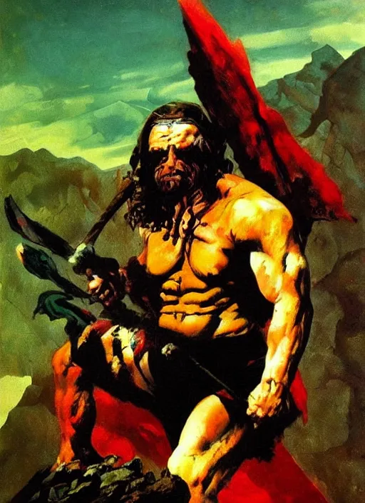 Image similar to portrait of barbarian on mountain, coherent! by mariusz lewandowski, by frank frazetta, deep color, strong line, red green black teal, minimalism, high contrast