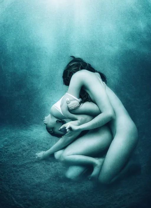 Image similar to a photo of a a vast underwater with a woman in the center curled and hugging her knees. Cinematic post-processing. Award winning portrait photography. Sharp eyes.