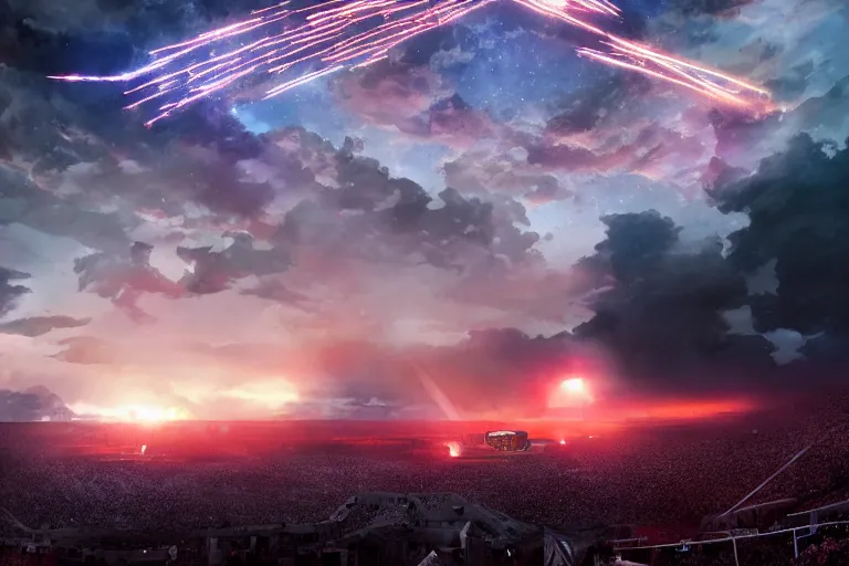 Prompt: meteors fall from the red sky down to a war - torn football stadium, crowds panic, cinematic lighting by jessica rossier, realistic, highly - detailed, 8 k, photorealistic, hyper detailed, unreal engine 5, imax quality, cinematic, epic lighting, football live, live sports