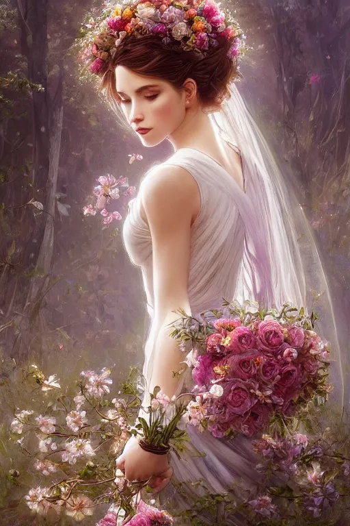 Image similar to beautiful natural bride wearing flowers in hair and carrying a rose bouquet walking down a misty path, intricate, elegant, highly detailed, digital painting, artstation, concept art, smooth, sharp focus, illustration, art by artgerm and greg rutkowski and alphonse mucha