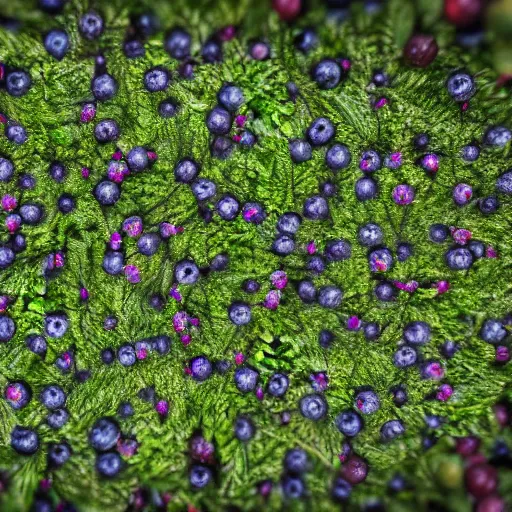 Prompt: artistic medium close-up render of blueberry bushes in a forest. Digital art. 4K. Trending on artstation. Highly detailed. Nature Artistic. Rustic. Nordic