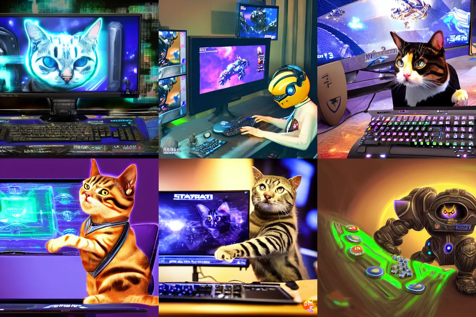 Prompt: A humanoid cat playing Starcraft during a professional esports tournament. Digital art