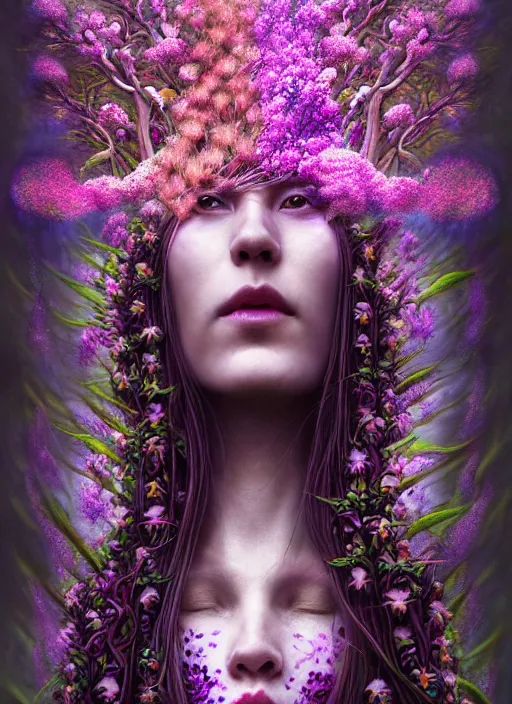 Prompt: a psychedelic organic shaman, made of orchids and cherry blossom trees, made of mushrooms, diffuse lighting, fantasy, intricate, highly detailed, photorealistic, digital painting, artstation, beautiful woman, concept art, smooth, sharp focus, by john collier and albert aublet, by amanda sage