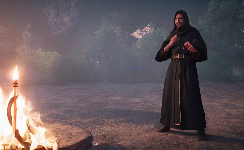 Prompt: male mage, black robe, blue fire circle in the background, war, unreal engine, ray tracing, 8k, realistic, universe