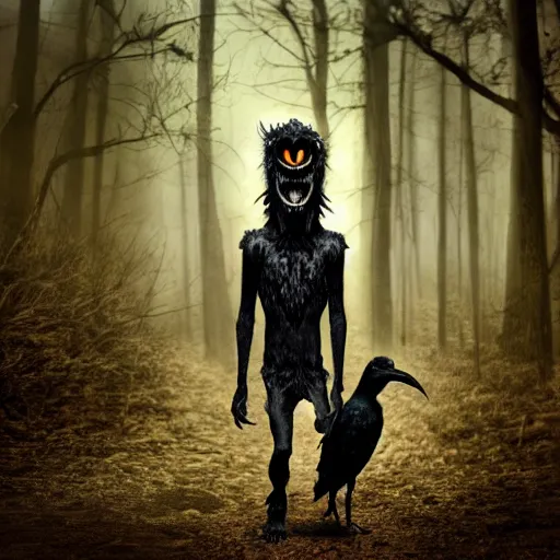 Image similar to werecreature consisting of a crow and a human, featured on artstation, photograph captured in a dark forest