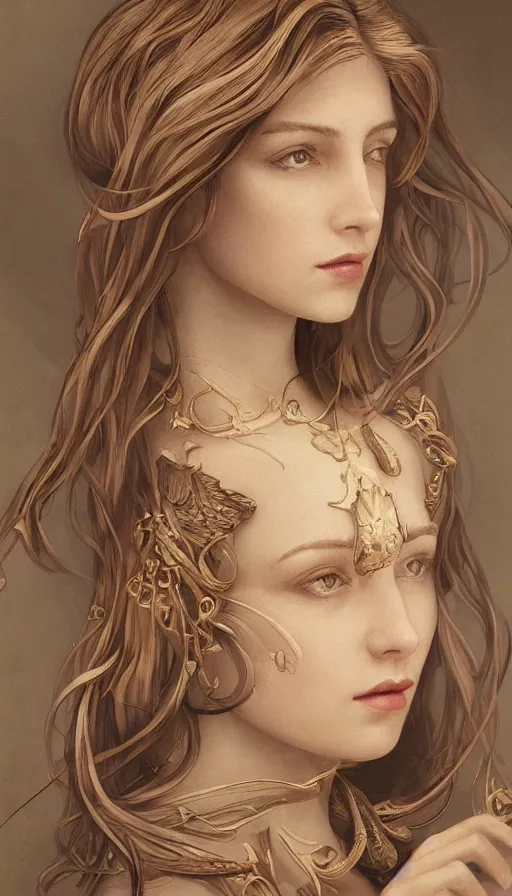 Image similar to An extremely beautiful Art Nouveau ornate portrait of a young attractive woman with a beautiful bone structure, professionally painted digital art illustration, smooth, sharp focus, atmospheric lighting, highly detailed illustration highlights, golden ratio, extremely detailed winning award masterpiece, 8K post-processing, trending on artstation flawless
