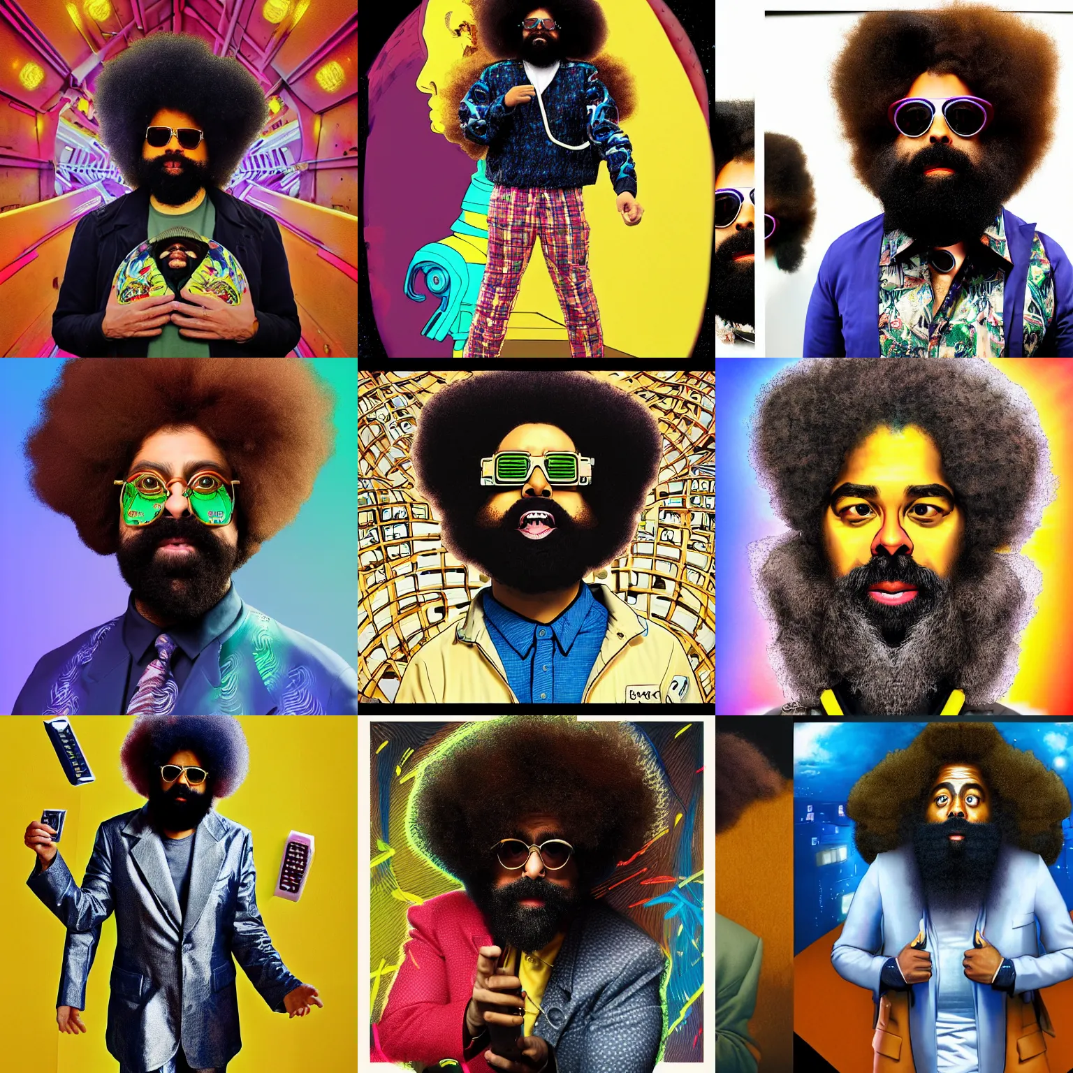 Prompt: a cinematic portrait of a fashionable happy reggie watts that is wearing a futuristic cyberpunk outfit in the style of william blake and norman rockwell, kubrick, escher, subtle junji ito, subtle giger, vivid color scheme, artstation, imdb, 8 k, magnificent, glorious