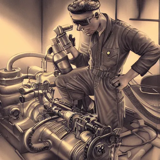 Image similar to dieselpunk wolf mechanic working on engine, fantasy, art station