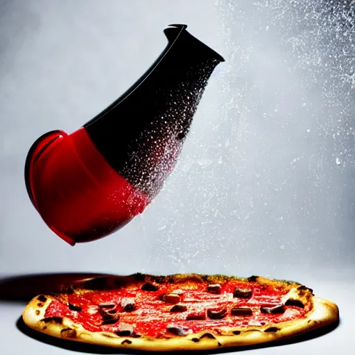 Prompt: pizza splashing into a pitcher of water, food photography gourmet, trendy food, macro photography, high contrast, slow - mo high speed photography