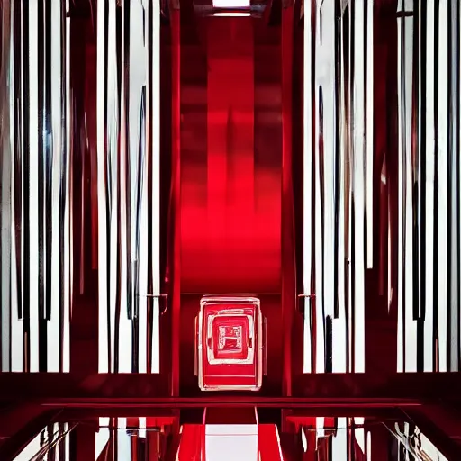 Prompt: a red luxury handbag in year 3000, art-deco style, in entrance hall of an art-deco skyscaper, photography , official chanel editorial , highly detailed